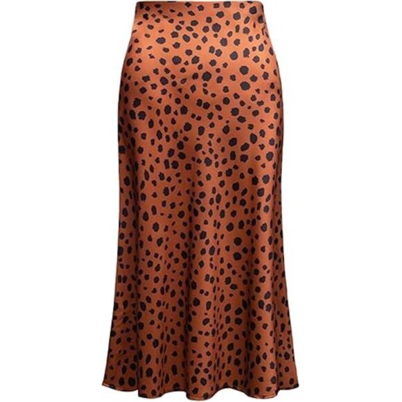 Womens Leopard Print Skirt Trendy Summer Midi Long Length Silk Satin High Waist - Picture 7 of 7